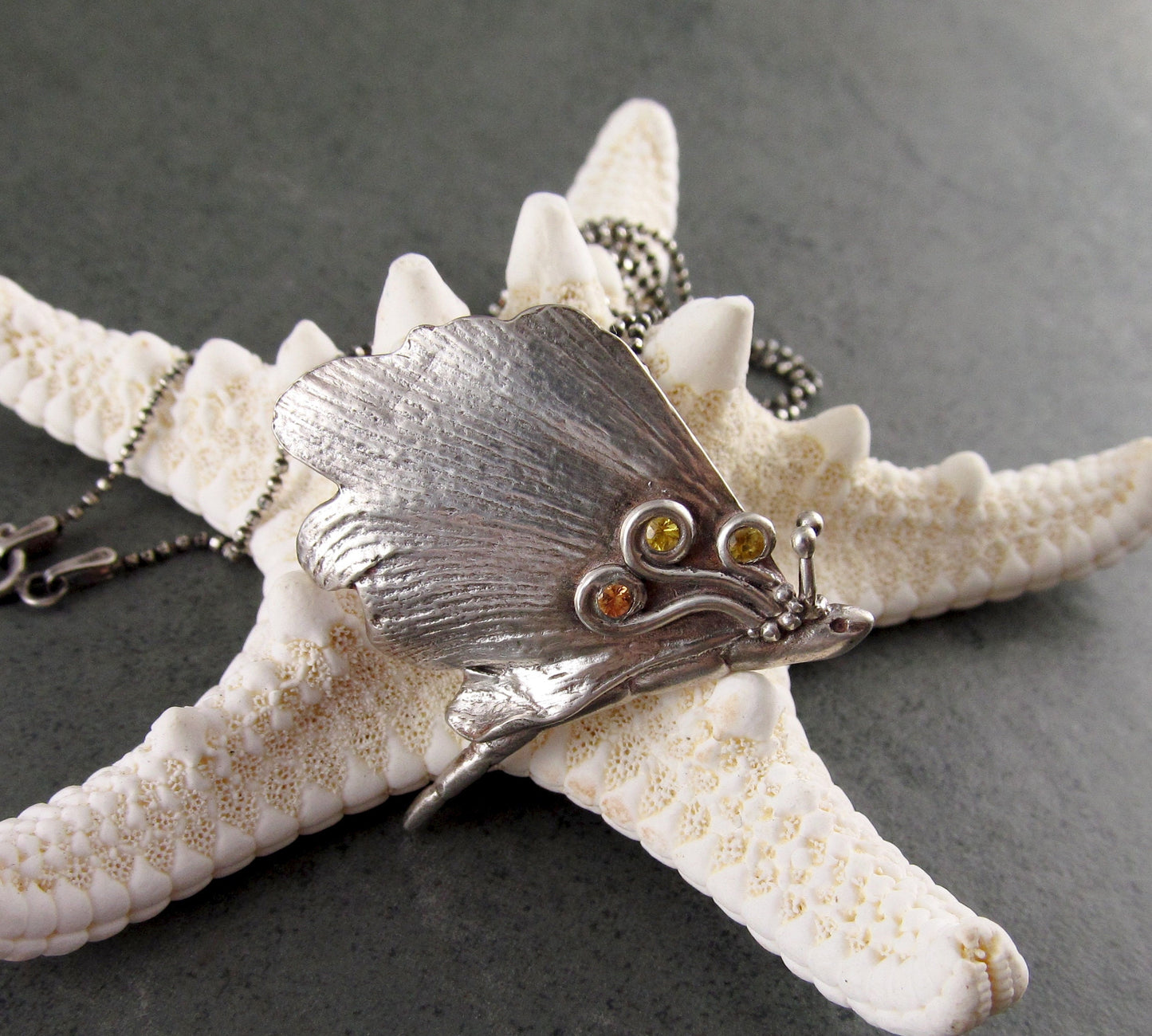 Gingko leaf butterfly pendant, handmade eco friendly fine silver and sapphire pendant necklace-OOAK #5 in the series