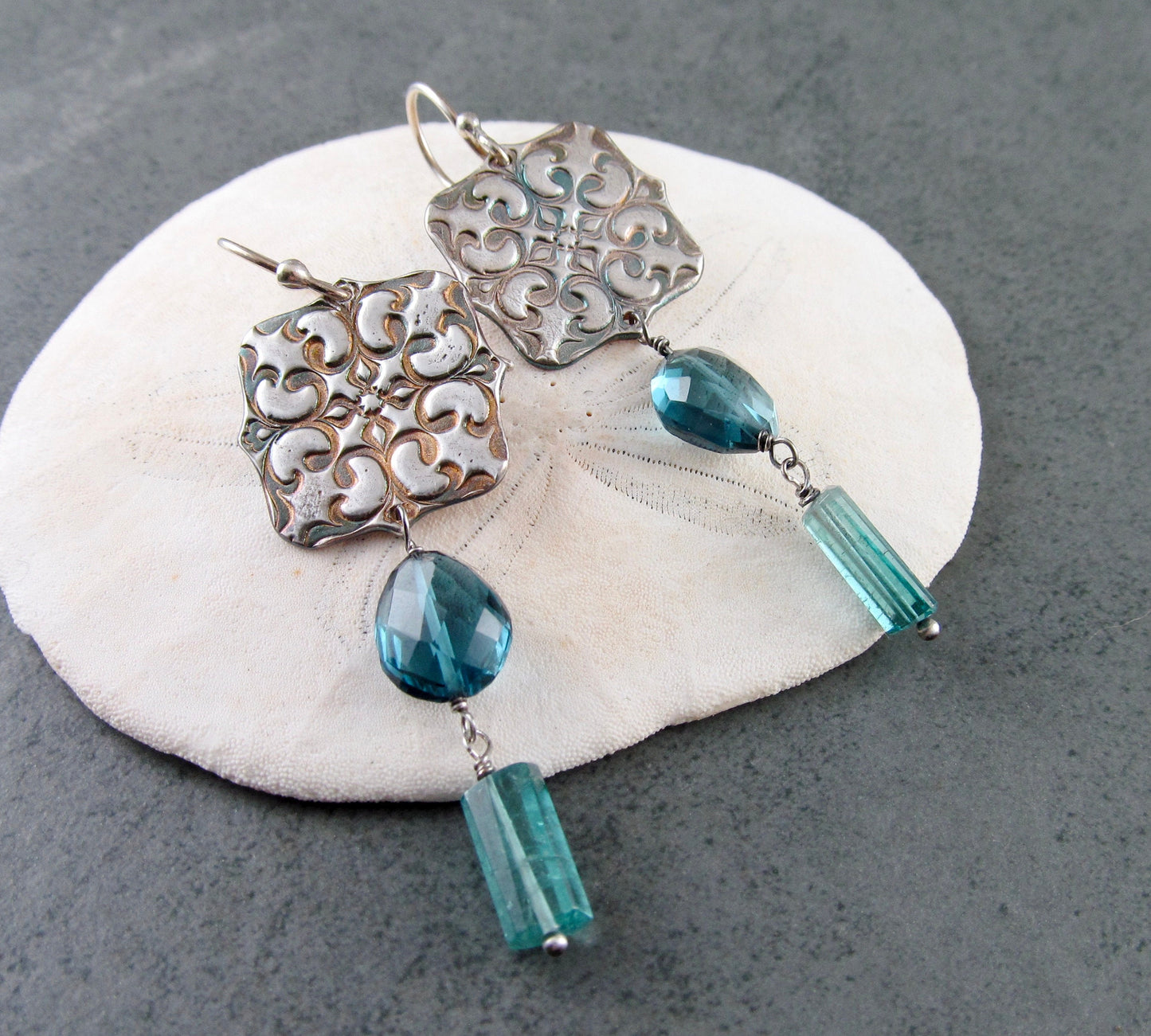 London blue topaz tassel earrings, handmade recycled fine silver Victorian ceiling tile earrings with Paraiba blue tourmaline-OOAK