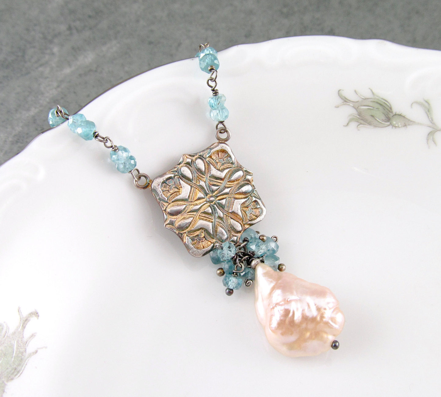 Blue zircon and pearl necklace, handmade eco friendly fine silver Victorian tile necklace-OOAK