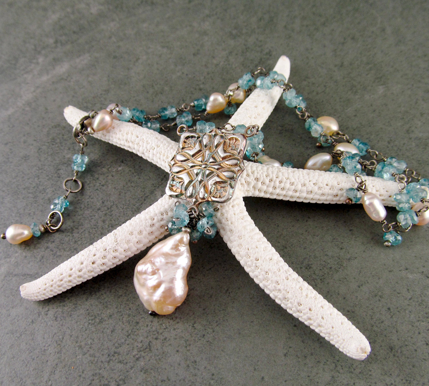 Blue zircon and pearl necklace, handmade eco friendly fine silver Victorian tile necklace-OOAK