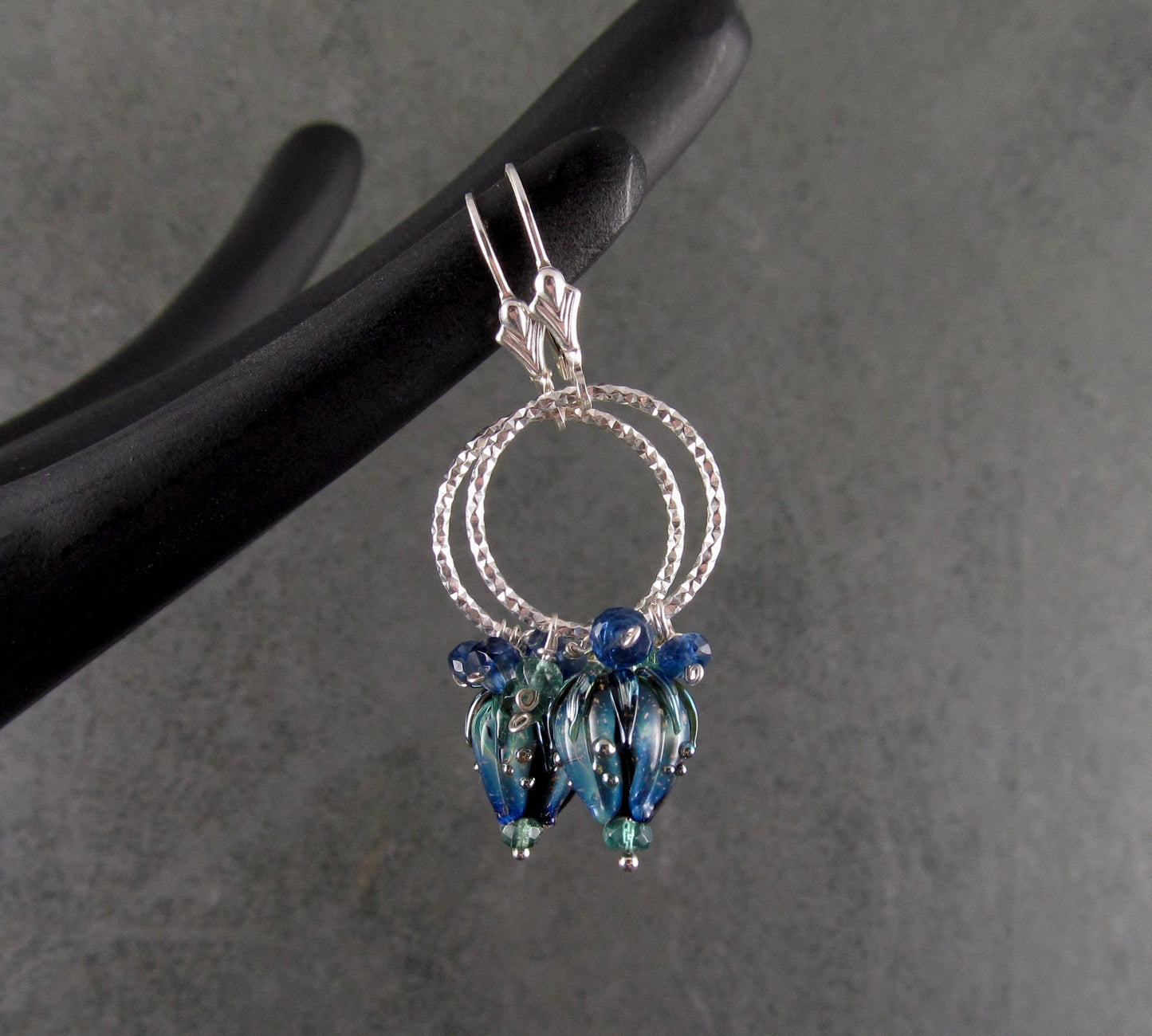 Bluebell earrings, handmade sterling silver, borosilicate glass flower, kyanite and green apatite earrings-OOAK