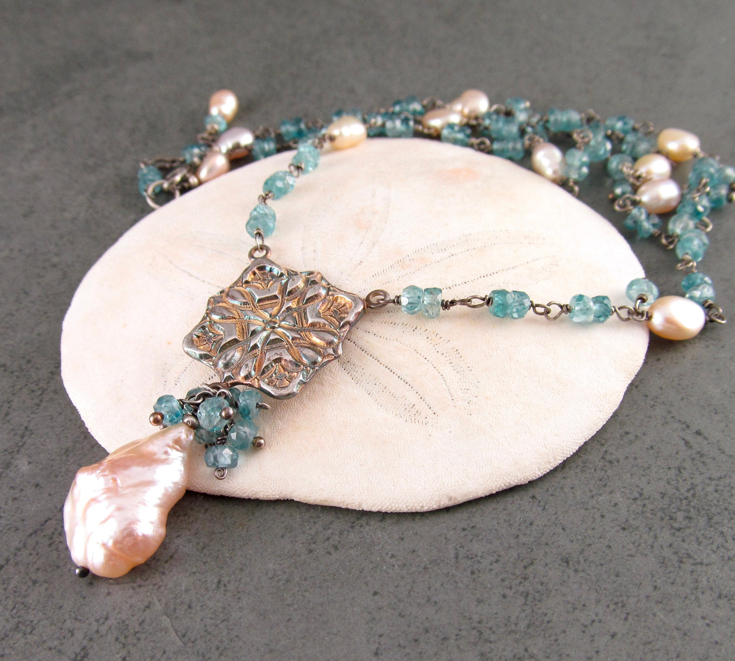 Blue zircon and pearl necklace, handmade eco friendly fine silver Victorian tile necklace-OOAK