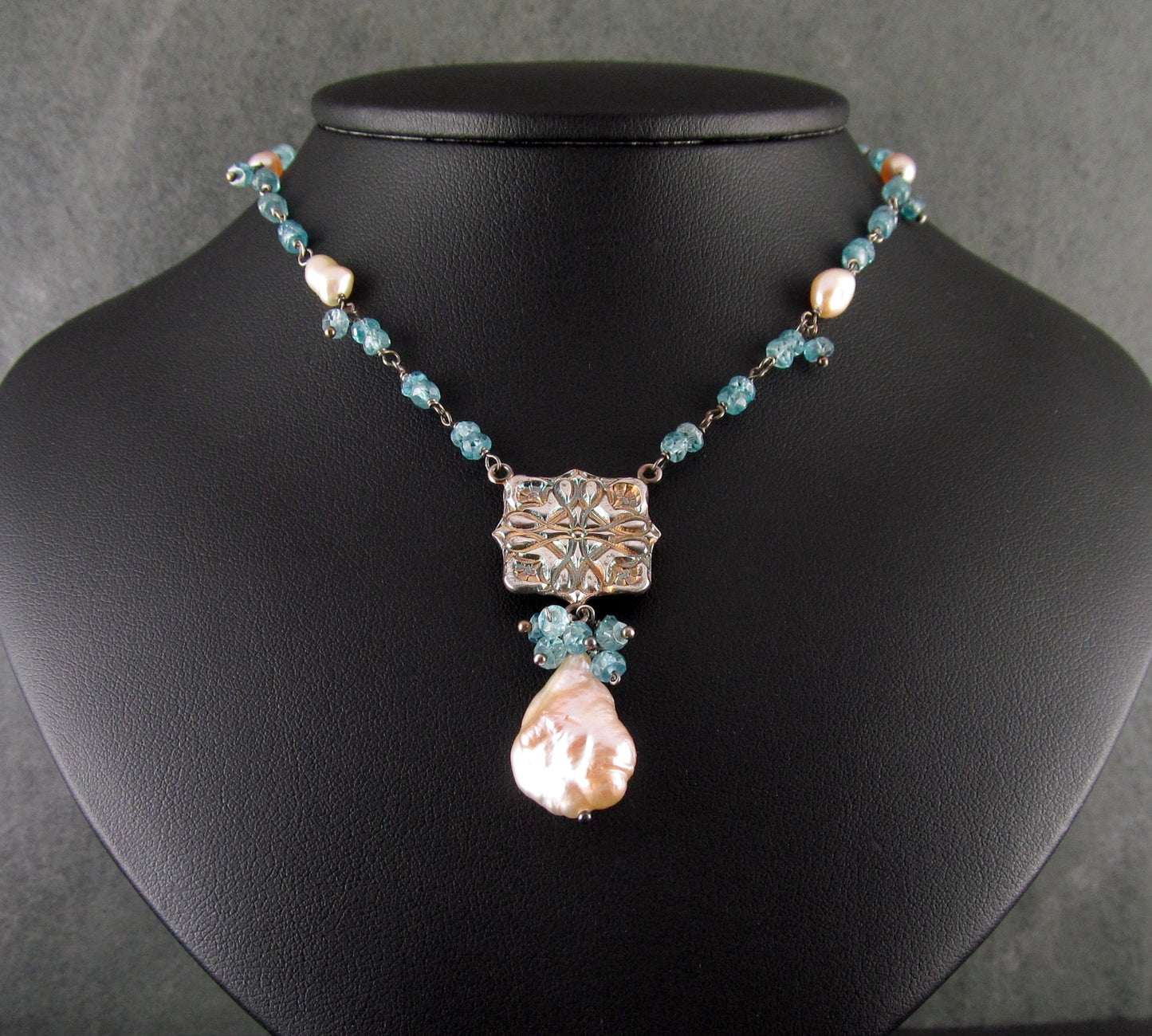 Blue zircon and pearl necklace, handmade eco friendly fine silver Victorian tile necklace-OOAK