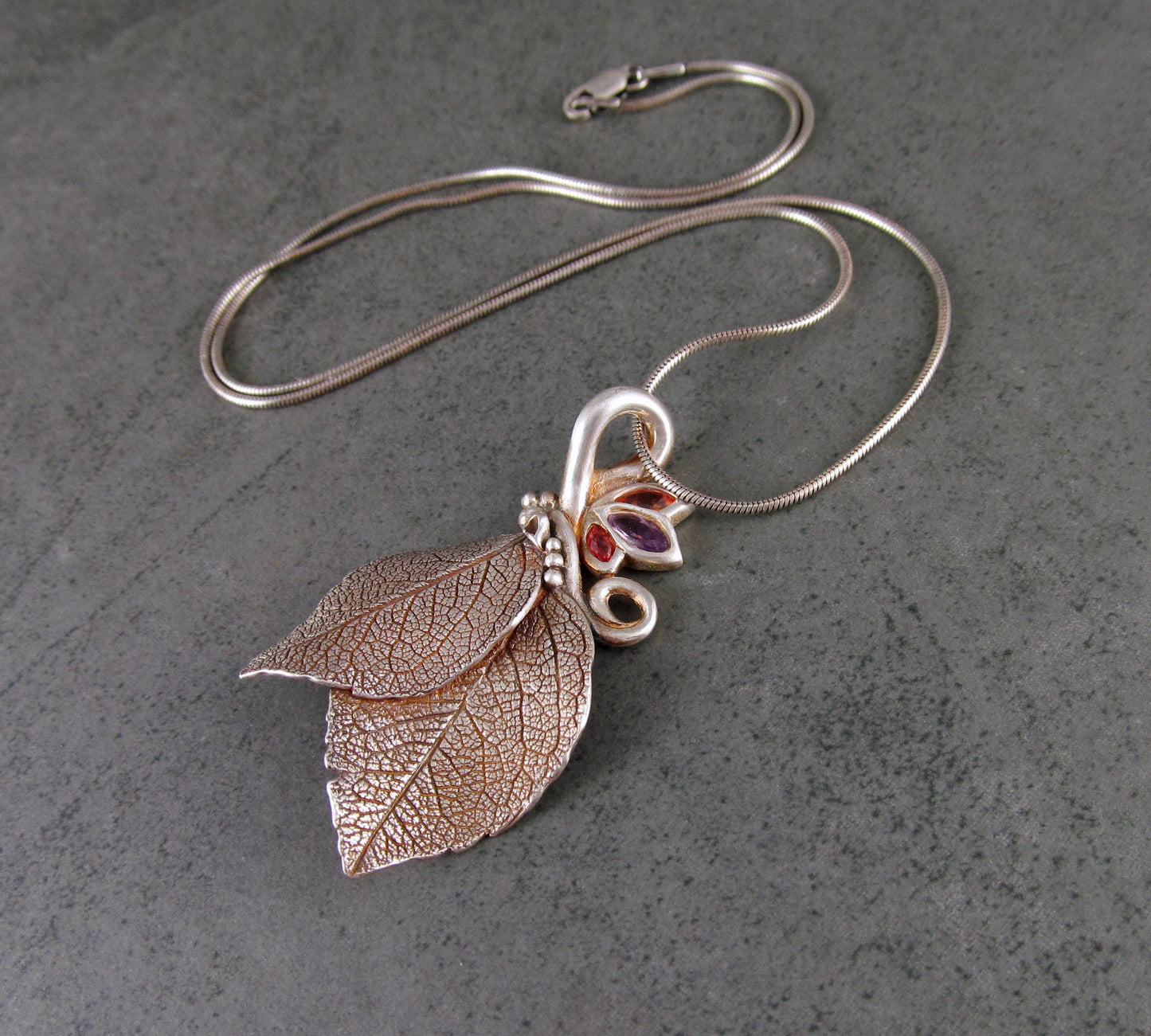 Double leaf pendant, recycled fine silver and Songea sapphire pendant-OOAK Sunset Spring