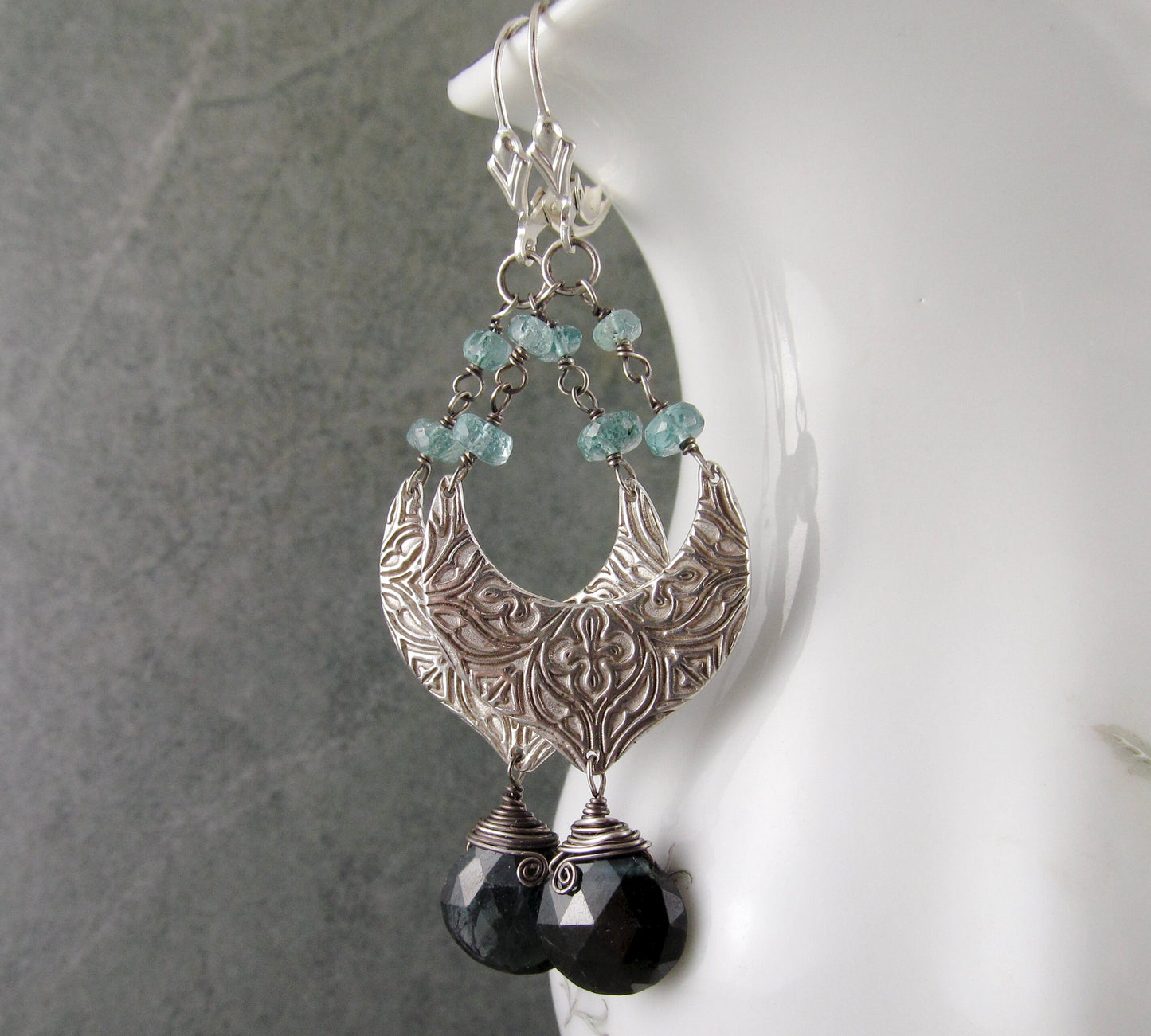 Blue tourmaline chandelier earrings, handmade eco friendly fine silver earrings-OOAK