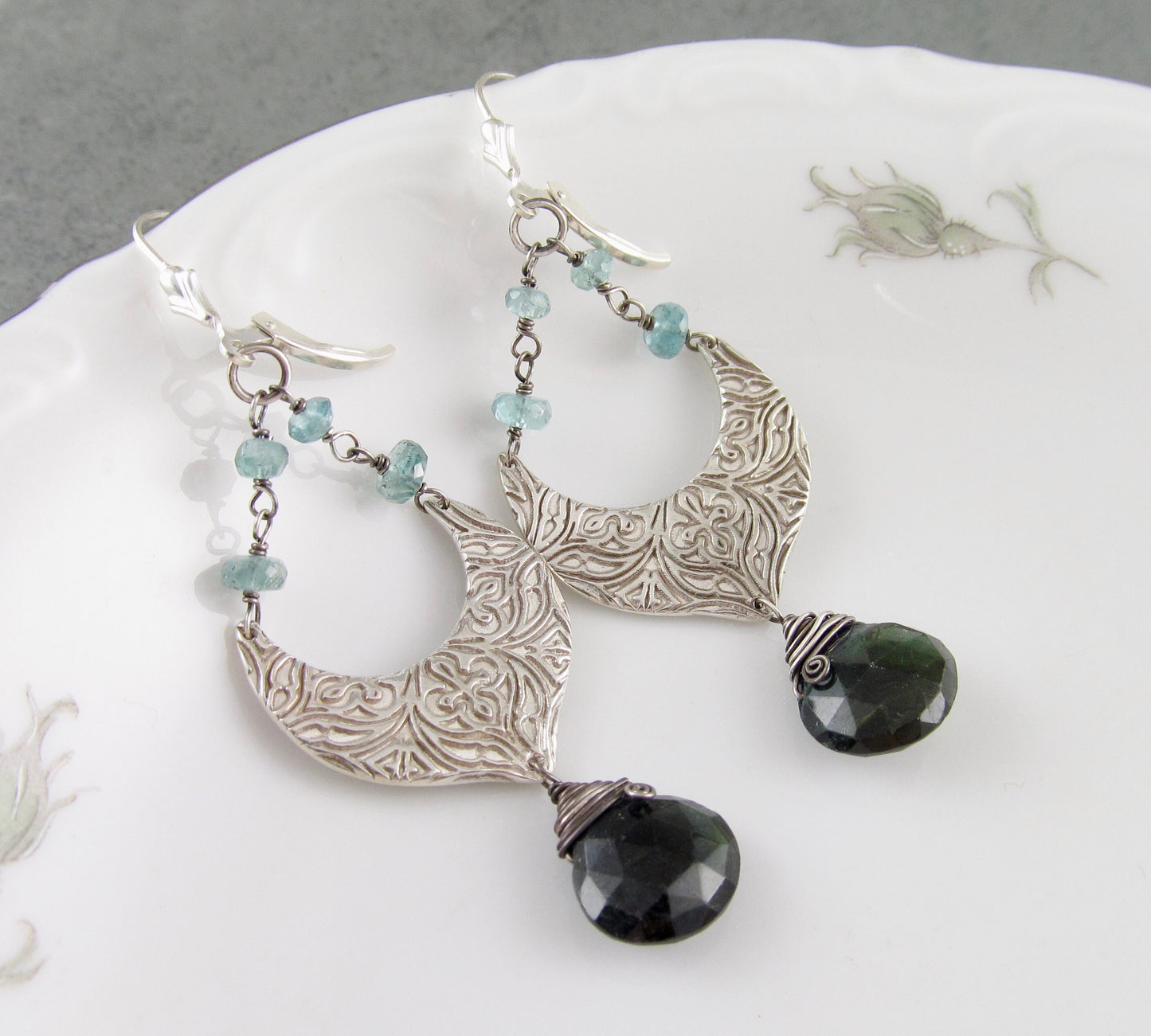 Blue tourmaline chandelier earrings, handmade eco friendly fine silver earrings-OOAK