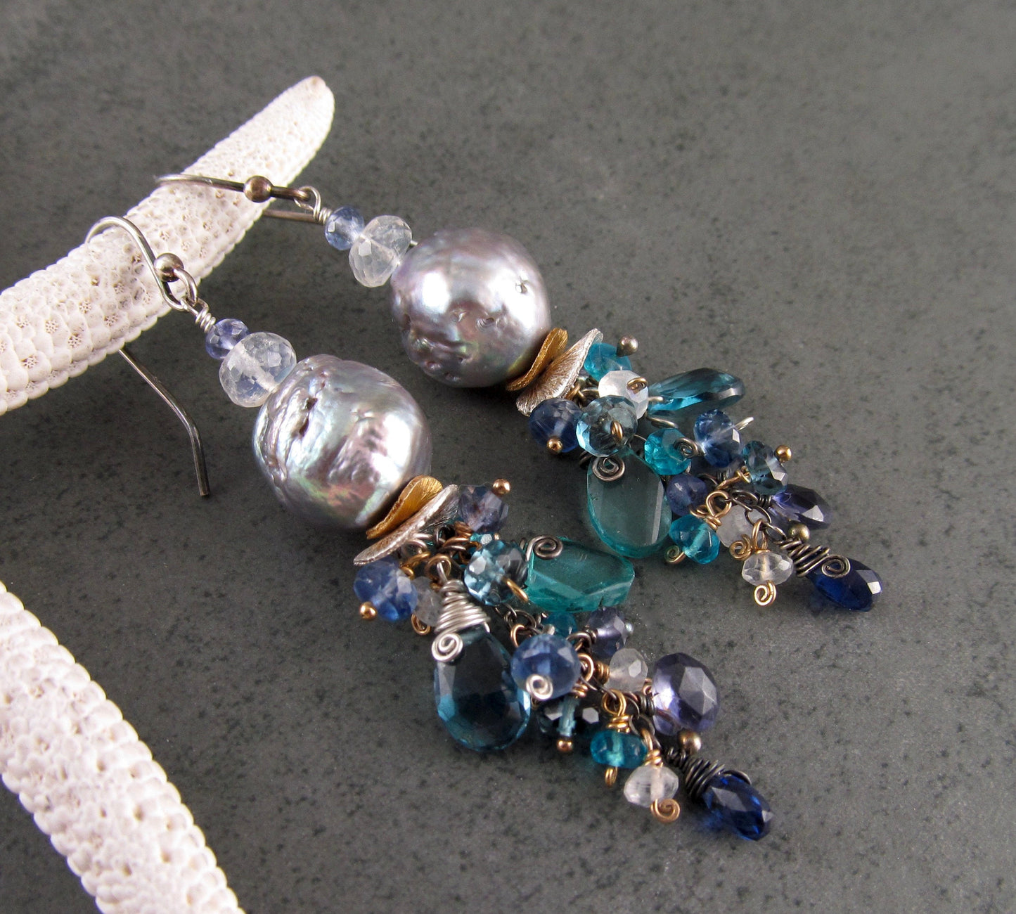 Blue gemstone, pearl earrings, handmade mixed metal Jellyfish earrings w/ London blue topaz, apatite, kyanite, tanzanite, iolite, moonstone