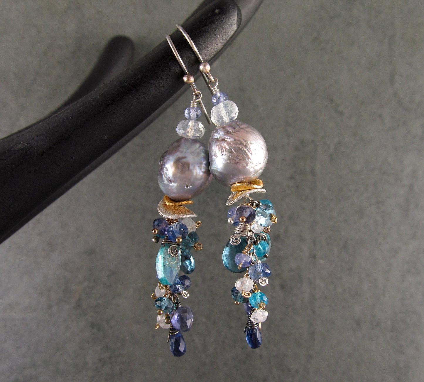 Blue gemstone, pearl earrings, handmade mixed metal Jellyfish earrings w/ London blue topaz, apatite, kyanite, tanzanite, iolite, moonstone