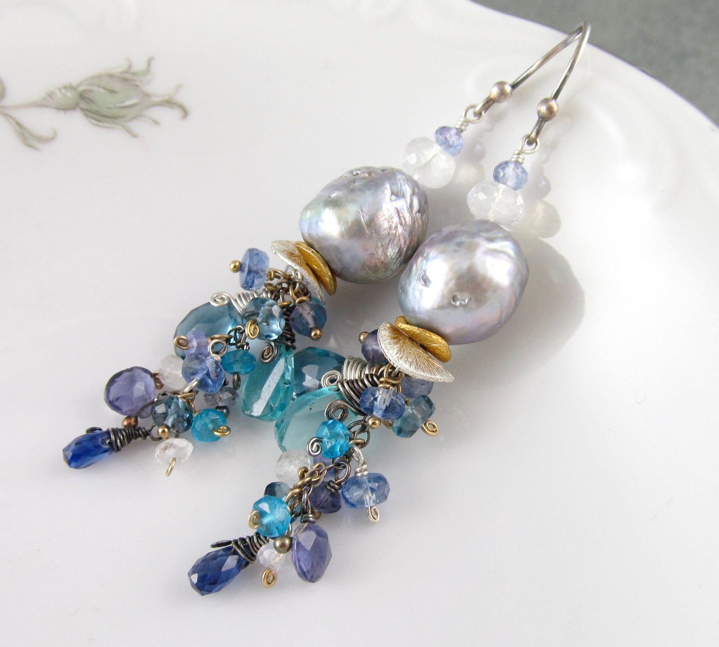 Blue gemstone, pearl earrings, handmade mixed metal Jellyfish earrings w/ London blue topaz, apatite, kyanite, tanzanite, iolite, moonstone