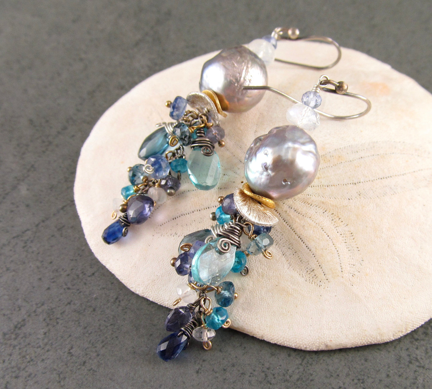 Blue gemstone, pearl earrings, handmade mixed metal Jellyfish earrings w/ London blue topaz, apatite, kyanite, tanzanite, iolite, moonstone