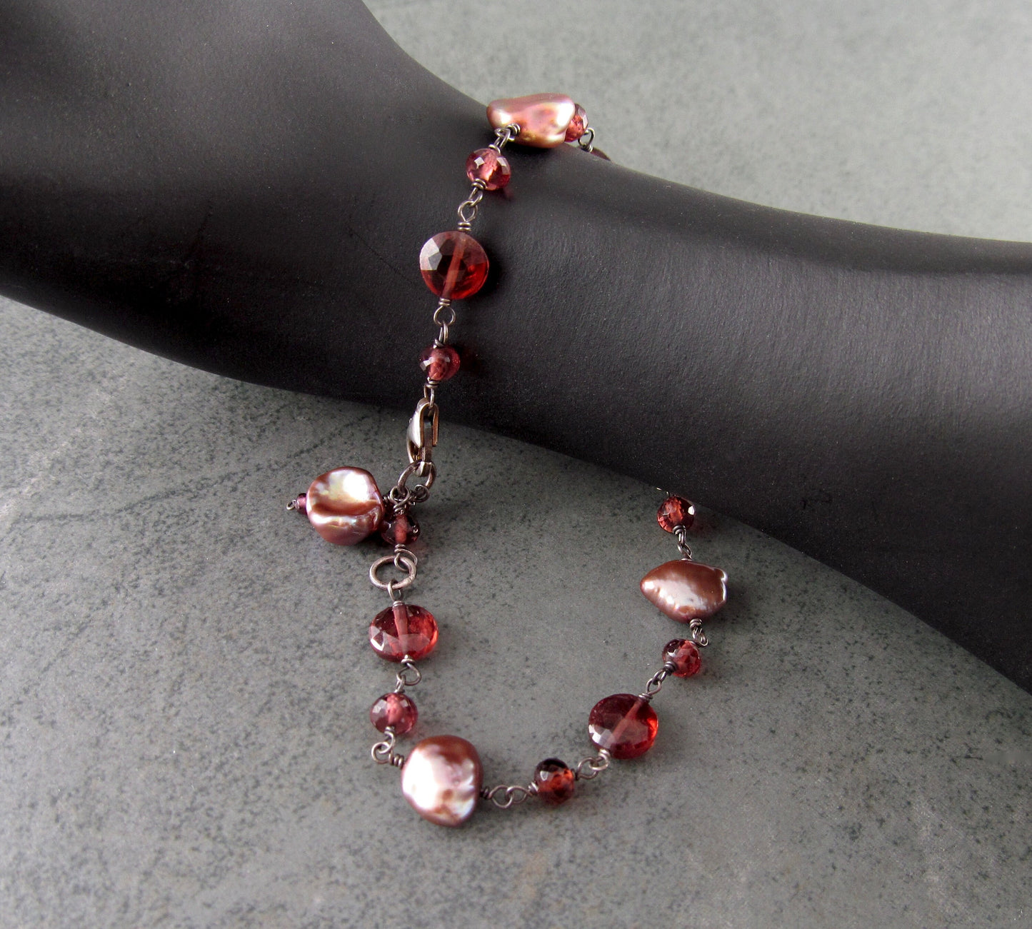 Garnet and pearl bracelet, handmade oxidized sterling silver bracelet-OOAK