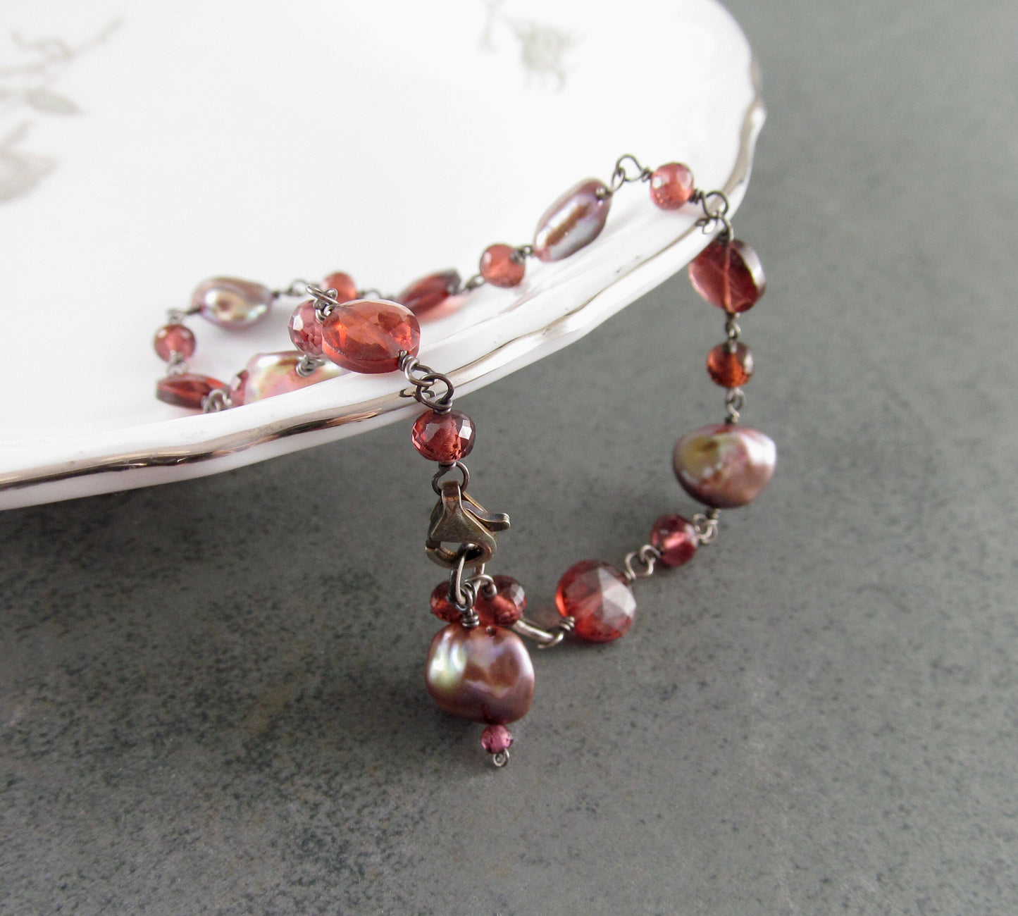 Garnet and pearl bracelet, handmade oxidized sterling silver bracelet-OOAK