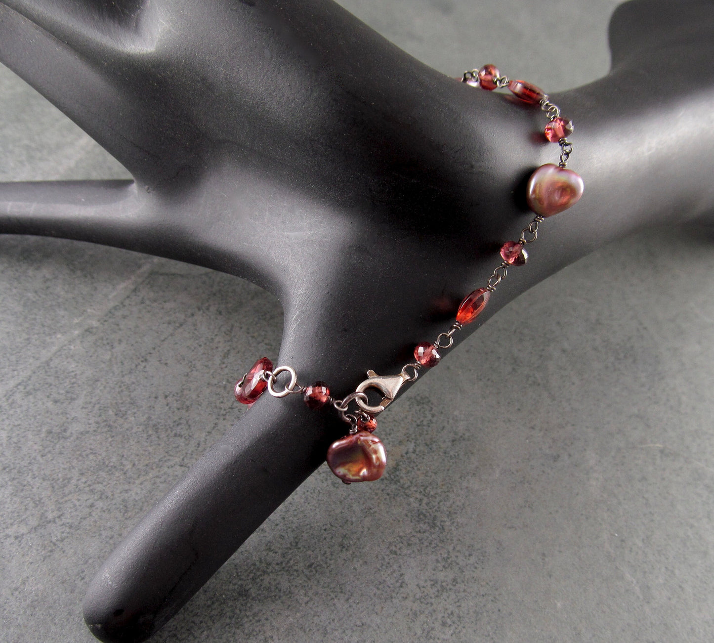 Garnet and pearl bracelet, handmade oxidized sterling silver bracelet-OOAK