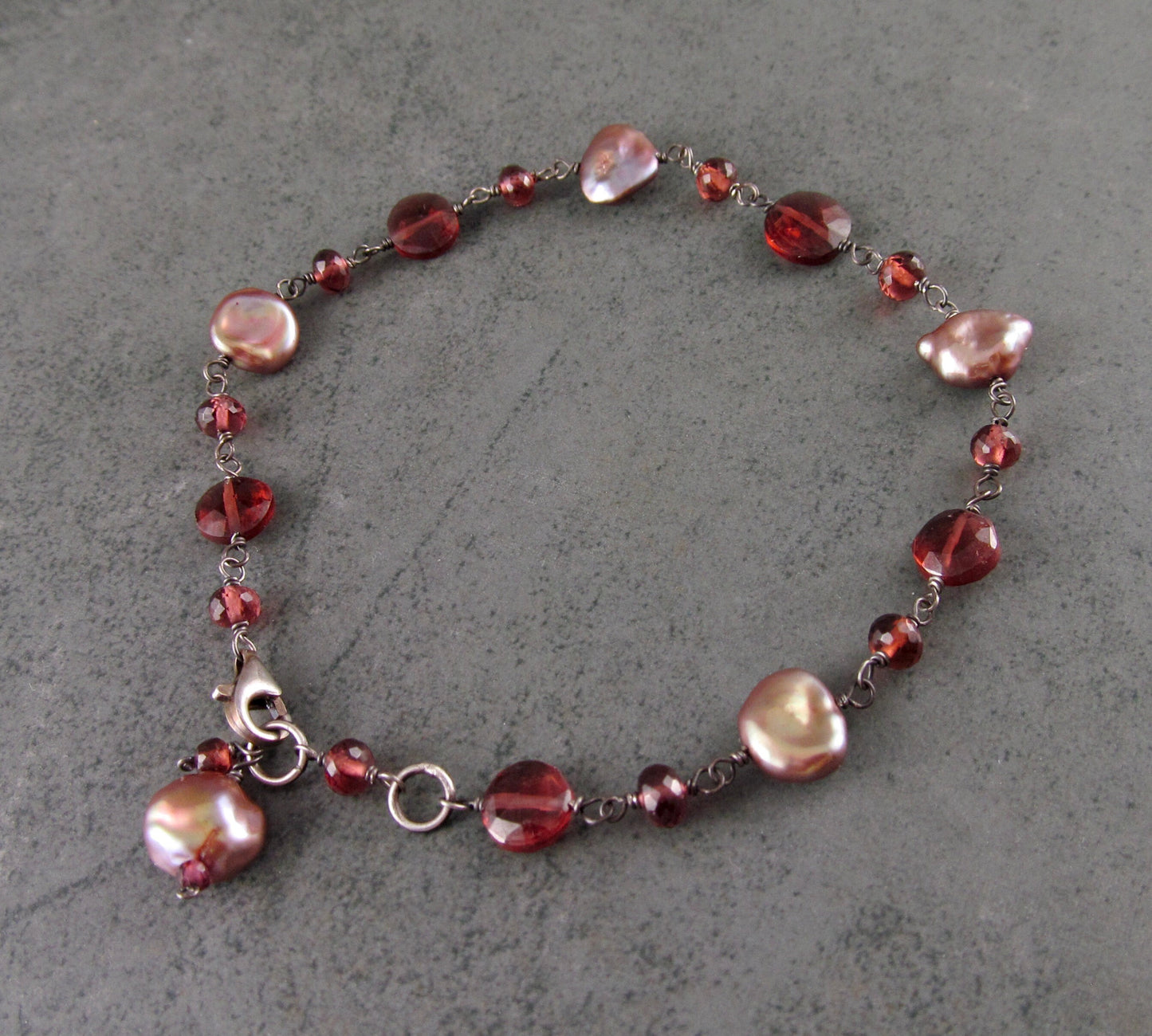 Garnet and pearl bracelet, handmade oxidized sterling silver bracelet-OOAK