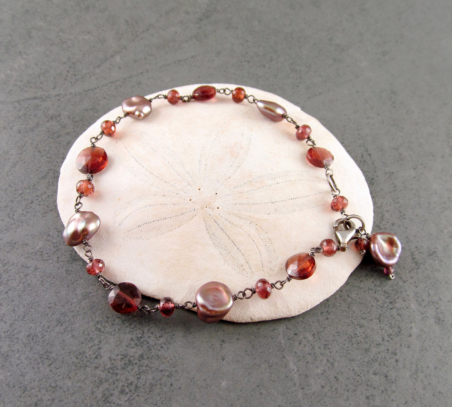 Garnet and pearl bracelet, handmade oxidized sterling silver bracelet-OOAK