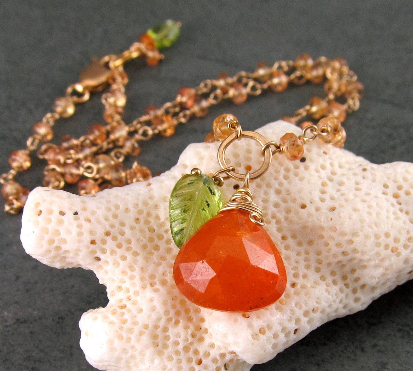 Mandarin garnet necklace, handmade gold filled, yellow sapphire necklace with garnet and peridot-OOAK Apricot Harvest