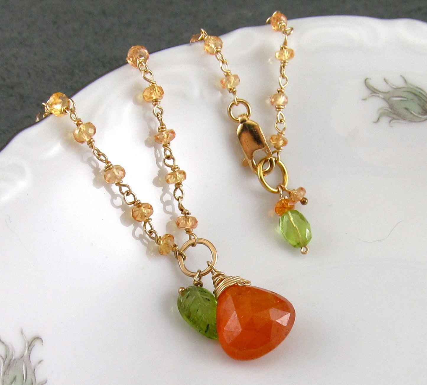 Mandarin garnet necklace, handmade gold filled, yellow sapphire necklace with garnet and peridot-OOAK Apricot Harvest