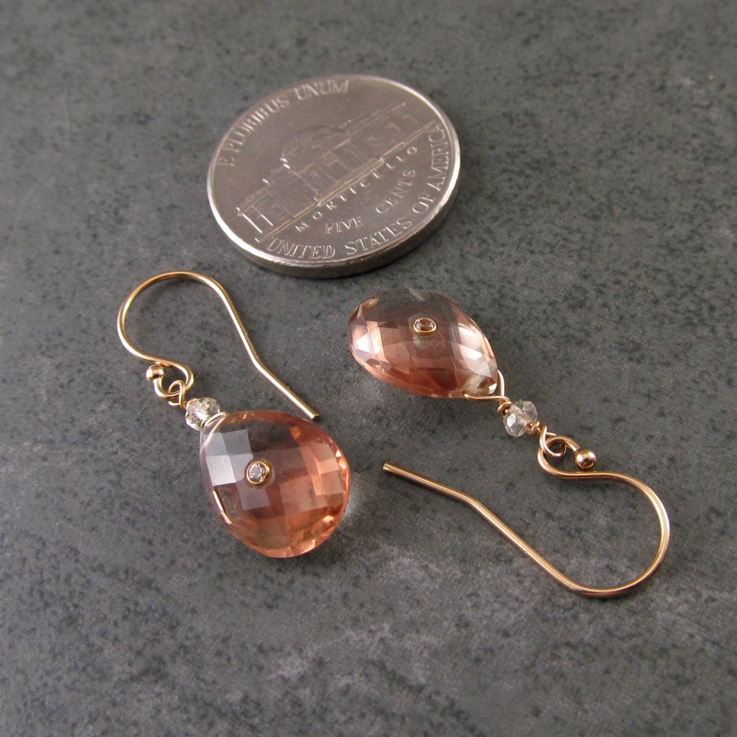 Oregon sunstone earrings, handmade 14k solid gold, peach schiller sunstone and topaz earrings-OOAK