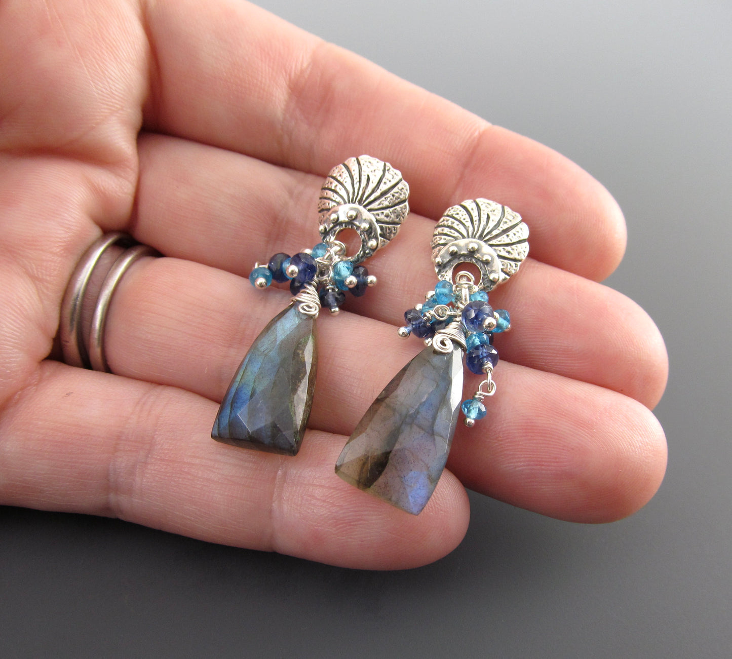 Blue labradorite earrings, handmade sterling silver earrings with apatite and deep blue kyanite-OOAK