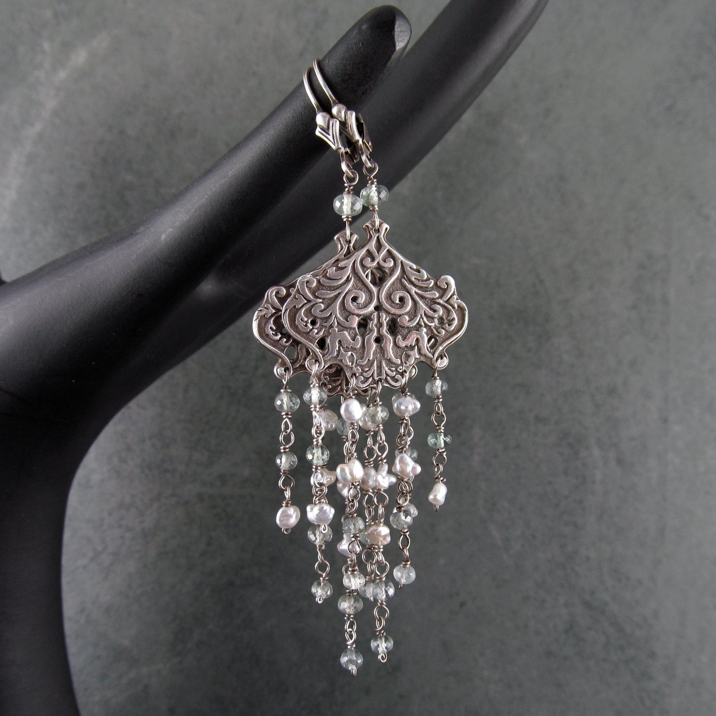 Aquamarine chandelier earrings with silver saltwater keshi pearls, handmade recycled sterling silver earrings-OOAK