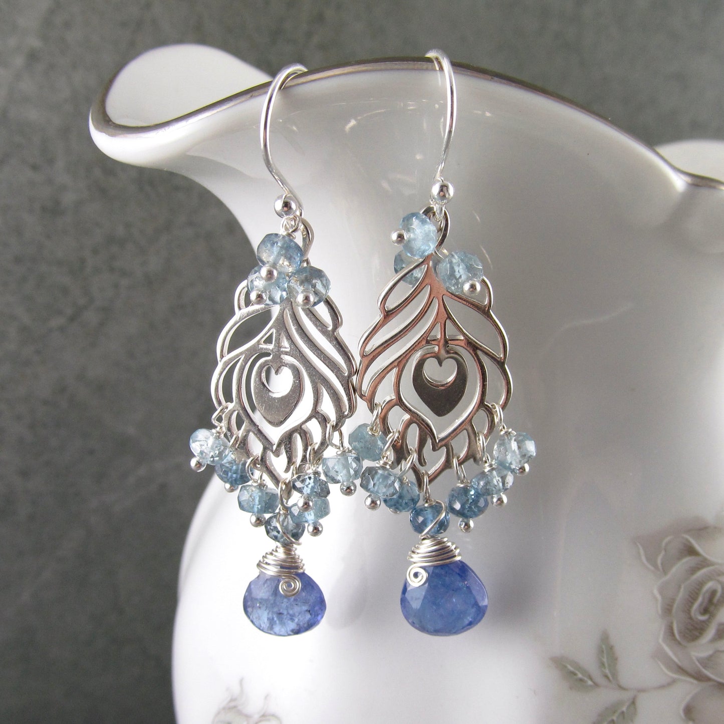 Peacock feather earrings, handmade sterling silver aquamarine and tanzanite chandelier earrings-OOAK