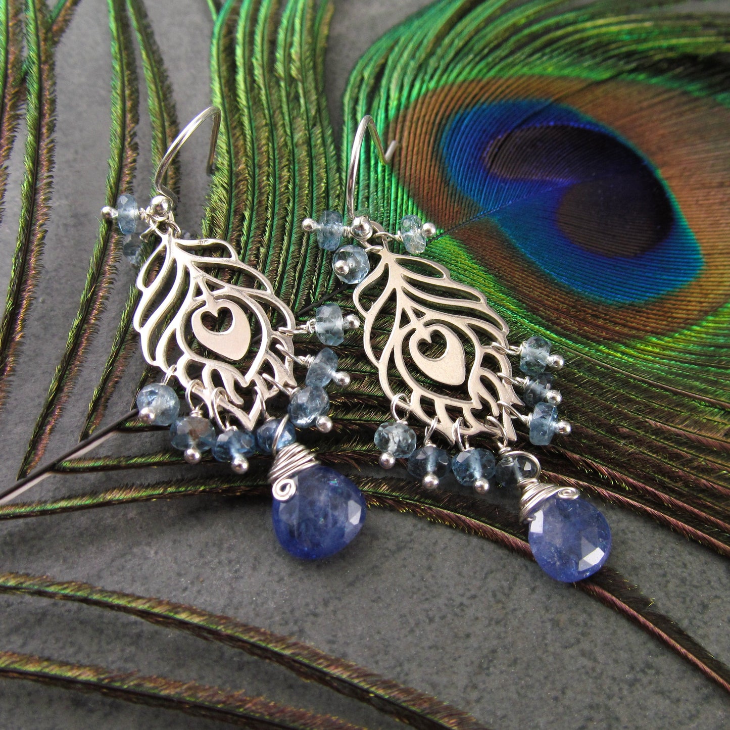 Peacock feather earrings, handmade sterling silver aquamarine and tanzanite chandelier earrings-OOAK
