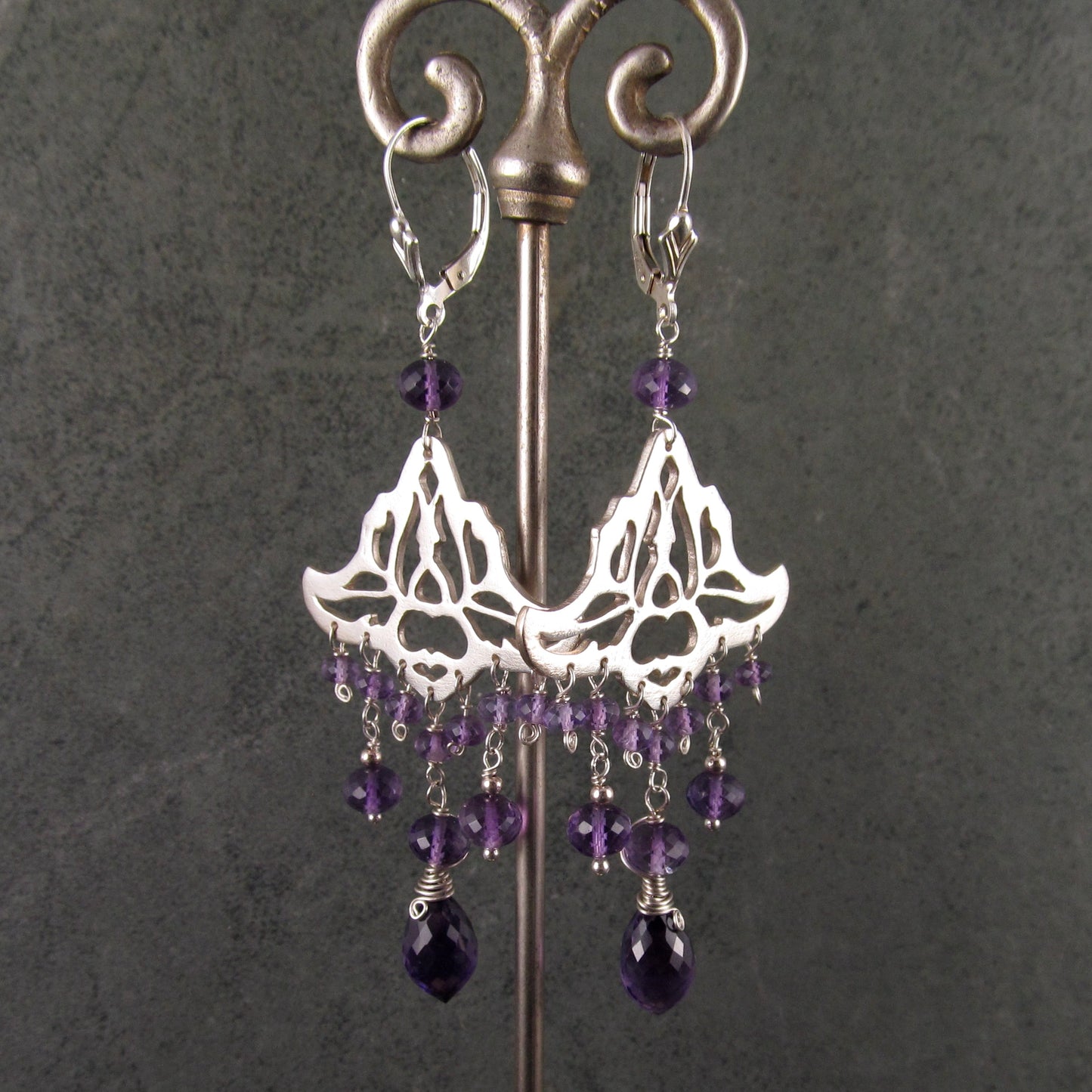 Amethyst chandelier earrings, handmade recycled sterling silver earrings-OOAK February birthstone jewelry