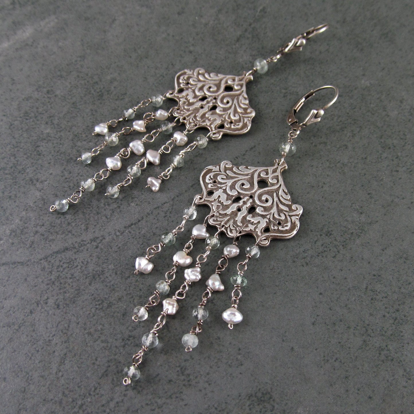 Aquamarine chandelier earrings with silver saltwater keshi pearls, handmade recycled sterling silver earrings-OOAK