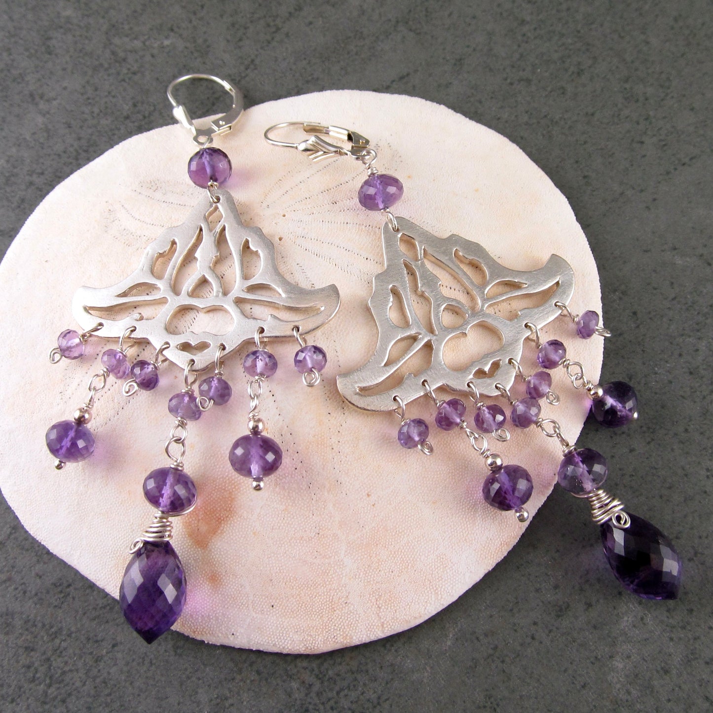 Amethyst chandelier earrings, handmade recycled sterling silver earrings-OOAK February birthstone jewelry
