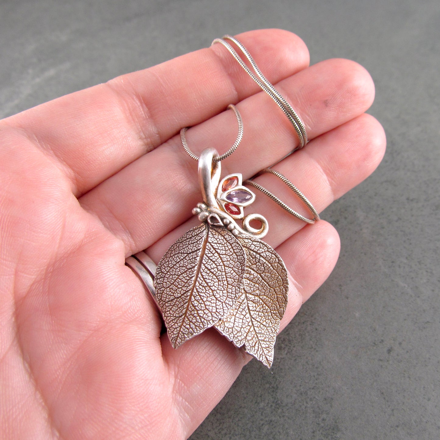 Double leaf pendant, recycled fine silver and Songea sapphire pendant-OOAK Sunset Spring