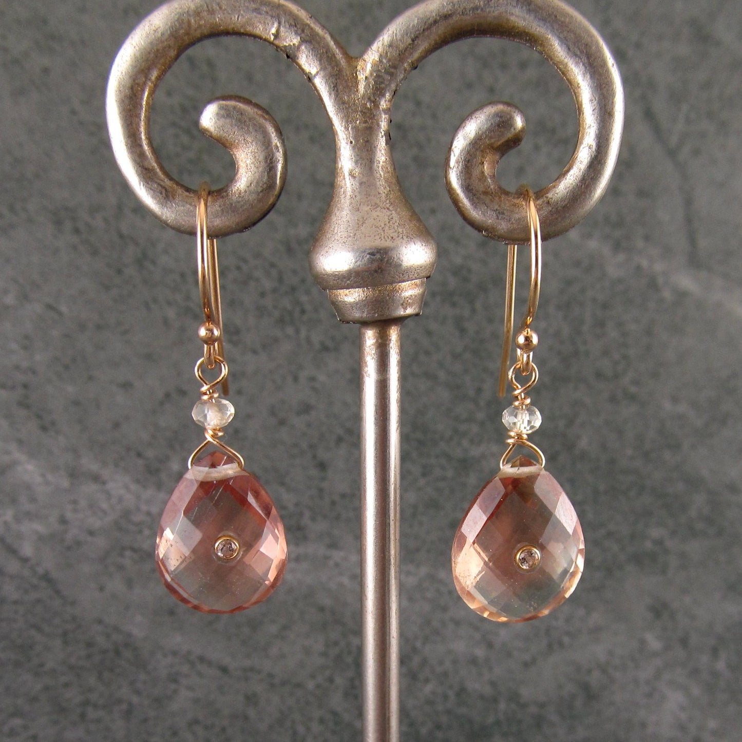 Oregon sunstone earrings, handmade 14k solid gold, peach schiller sunstone and topaz earrings-OOAK