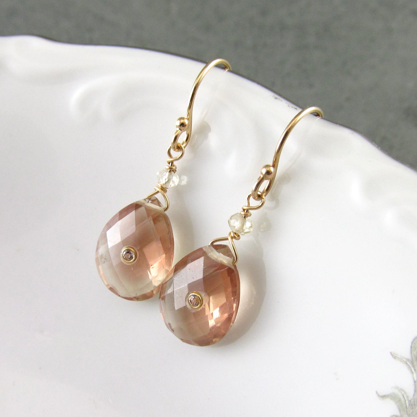 Oregon sunstone earrings, handmade 14k solid gold, peach schiller sunstone and topaz earrings-OOAK