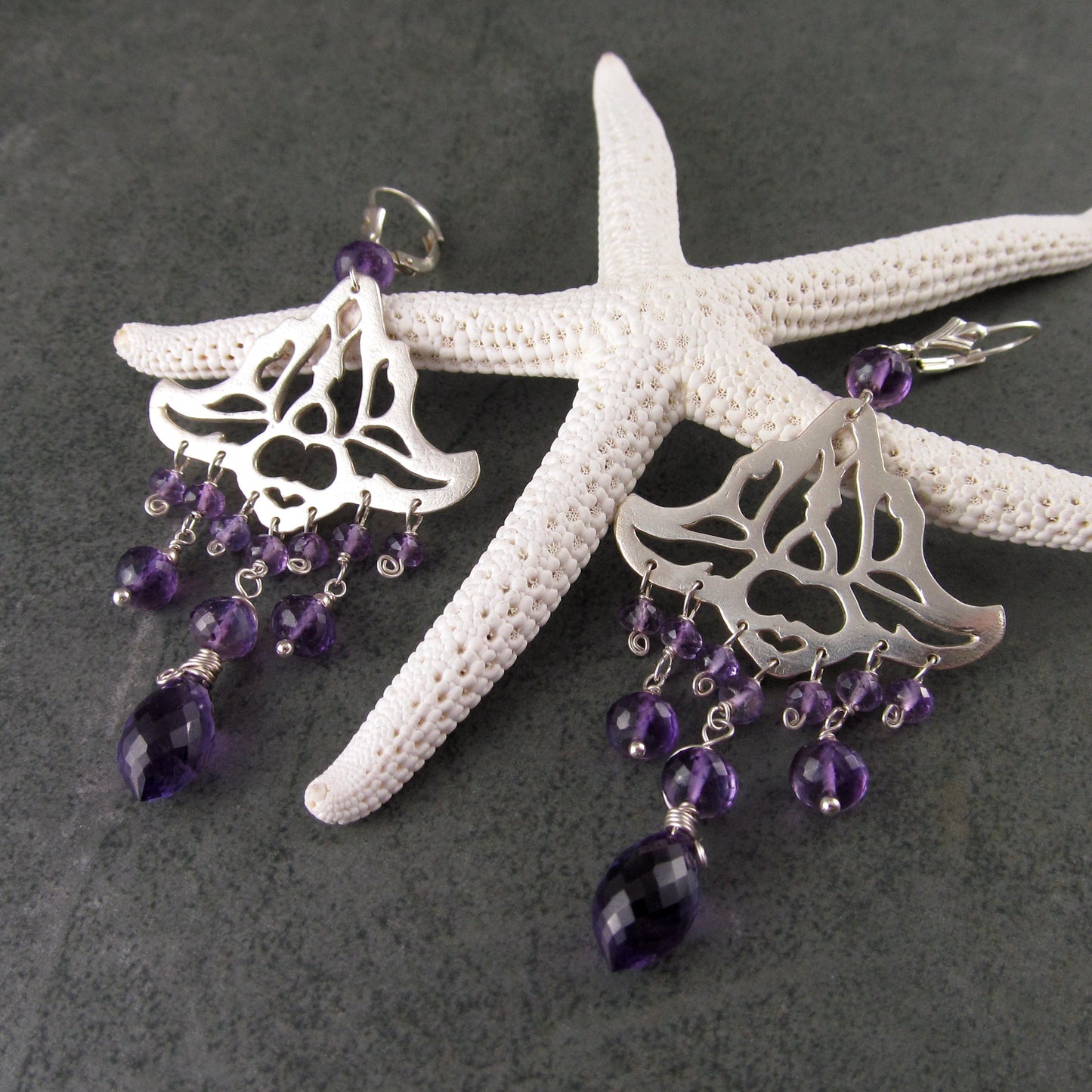 Amethyst chandelier earrings, handmade recycled sterling silver earrings-OOAK February birthstone jewelry