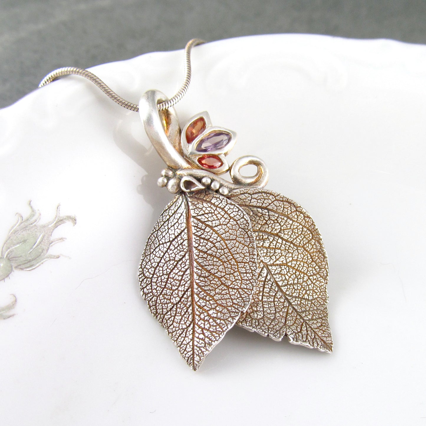 Double leaf pendant, recycled fine silver and Songea sapphire pendant-OOAK Sunset Spring