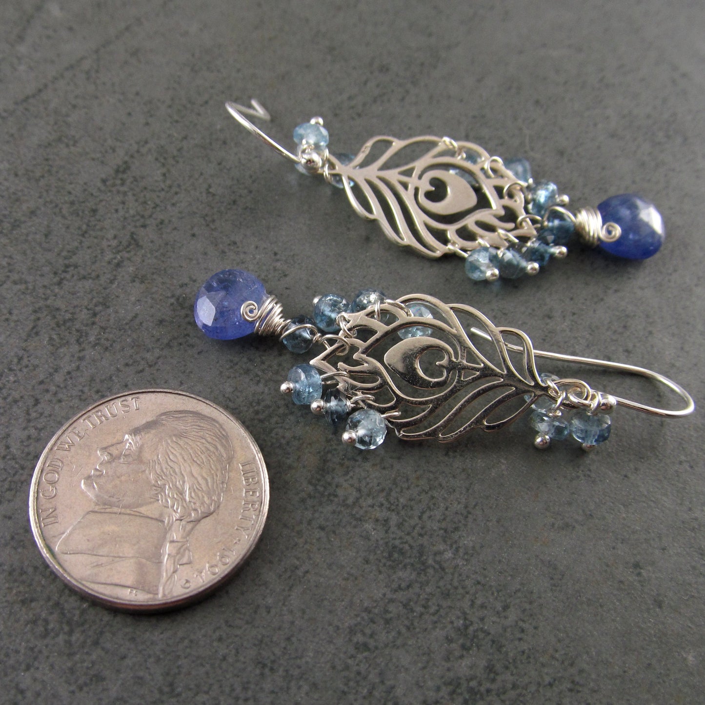 Peacock feather earrings, handmade sterling silver aquamarine and tanzanite chandelier earrings-OOAK