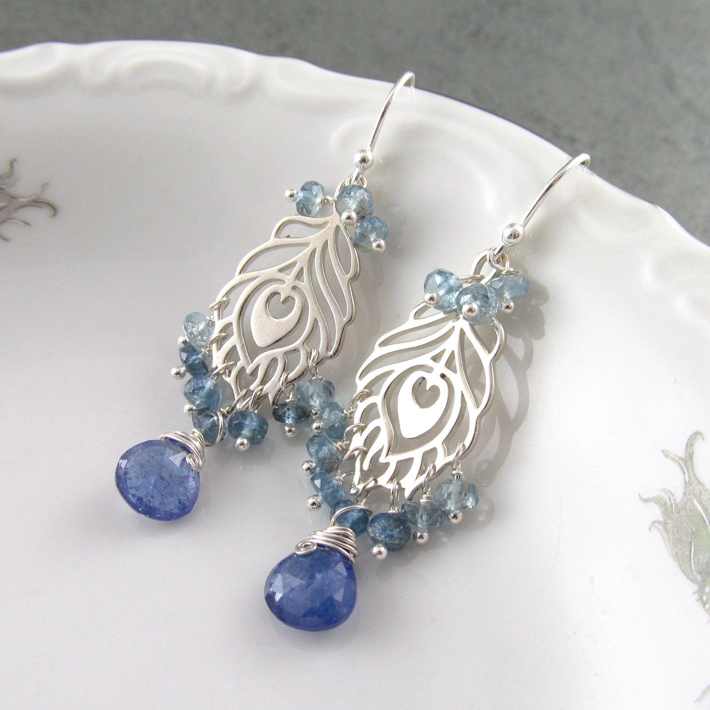 Peacock feather earrings, handmade sterling silver aquamarine and tanzanite chandelier earrings-OOAK