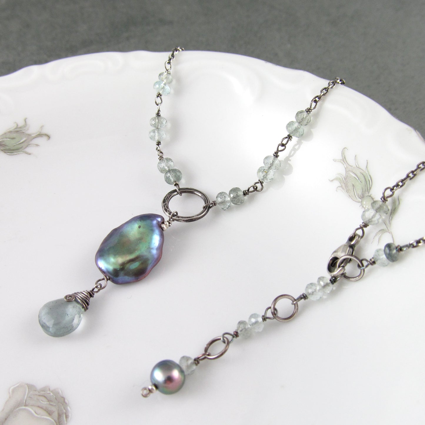 Moss aquamarine necklace, handmade sterling silver & pearl necklace-OOAK