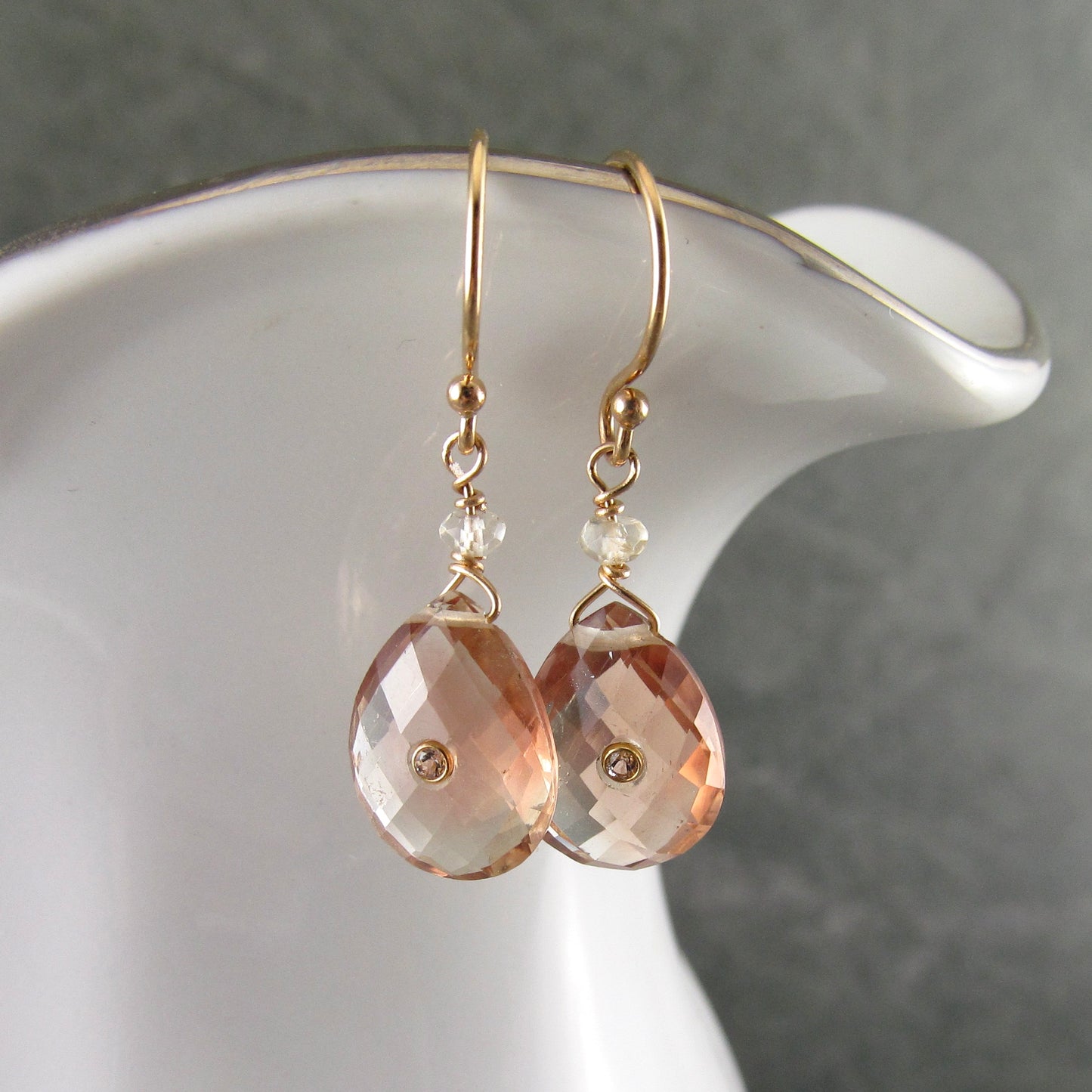 Oregon sunstone earrings, handmade 14k solid gold, peach schiller sunstone and topaz earrings-OOAK