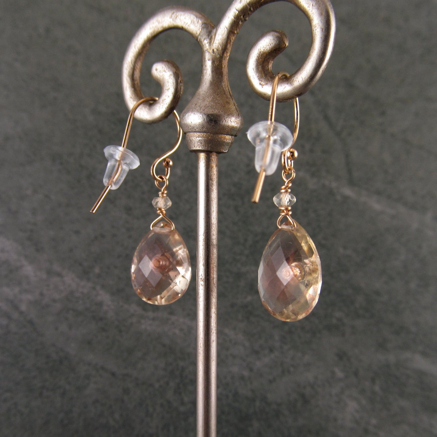Oregon sunstone earrings, handmade 14k solid gold, peach schiller sunstone and topaz earrings-OOAK