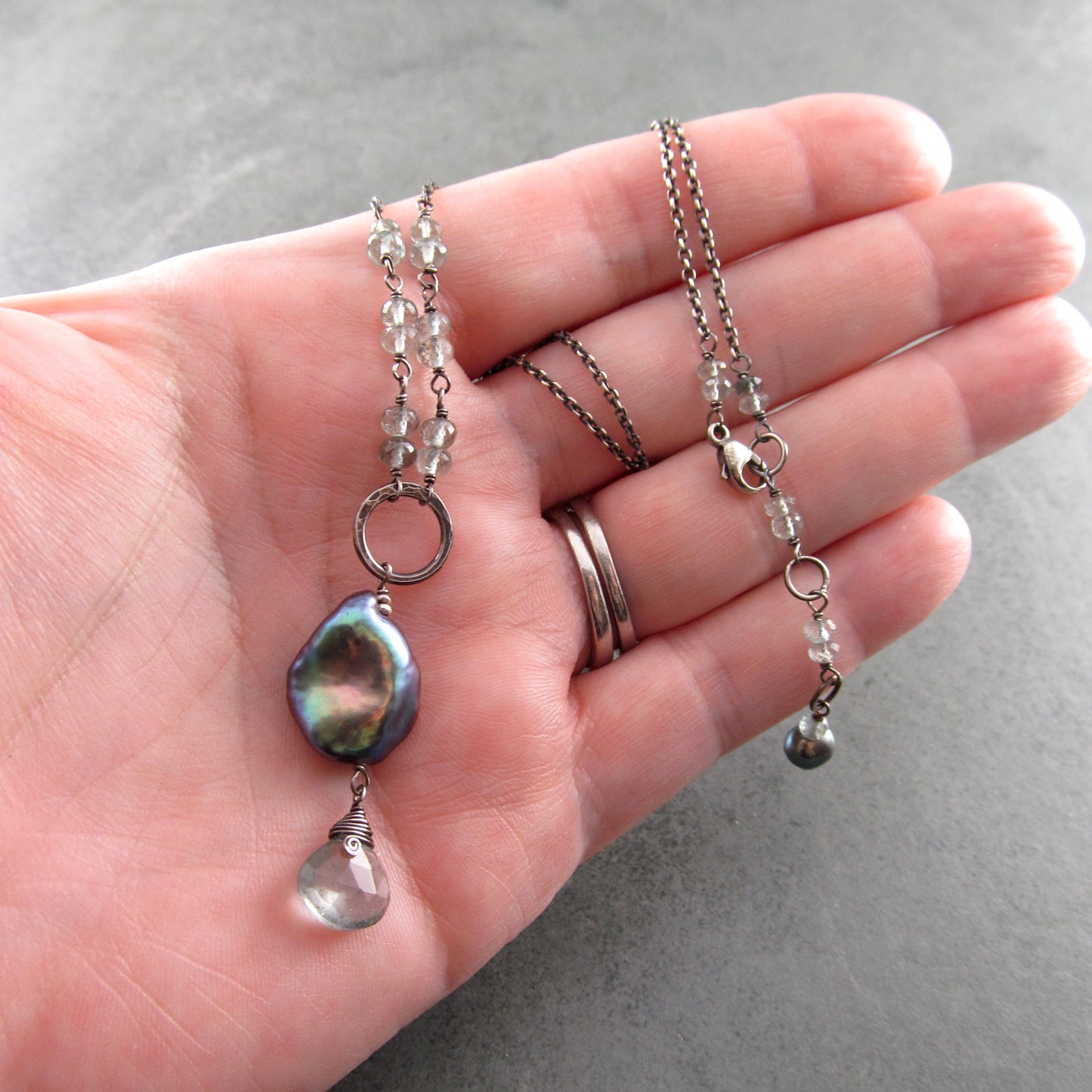 Moss aquamarine necklace, handmade sterling silver & pearl necklace-OOAK