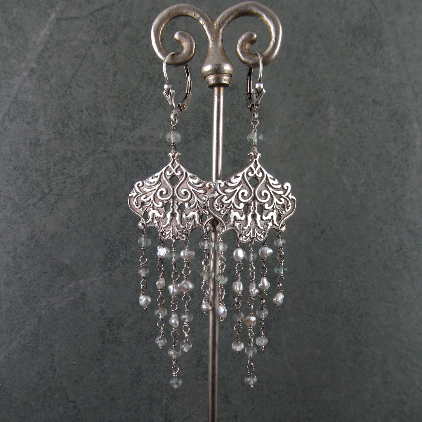 Aquamarine chandelier earrings with silver saltwater keshi pearls, handmade recycled sterling silver earrings-OOAK
