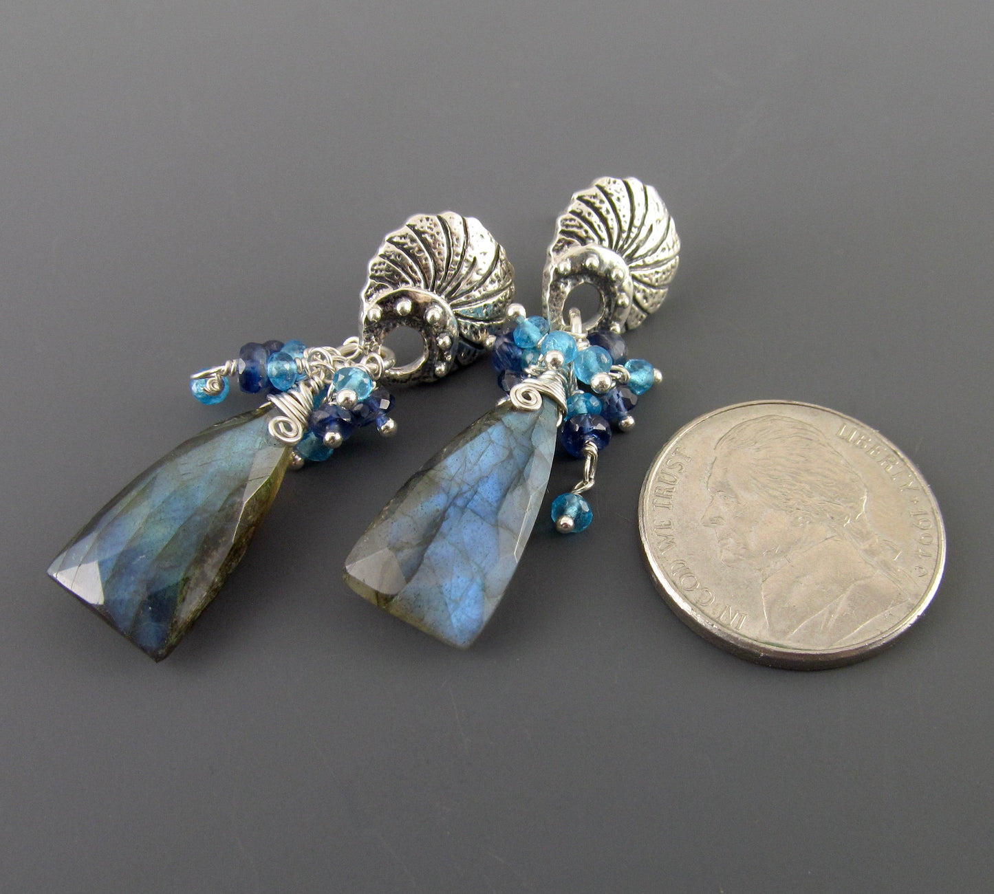 Blue labradorite earrings, handmade sterling silver earrings with apatite and deep blue kyanite-OOAK