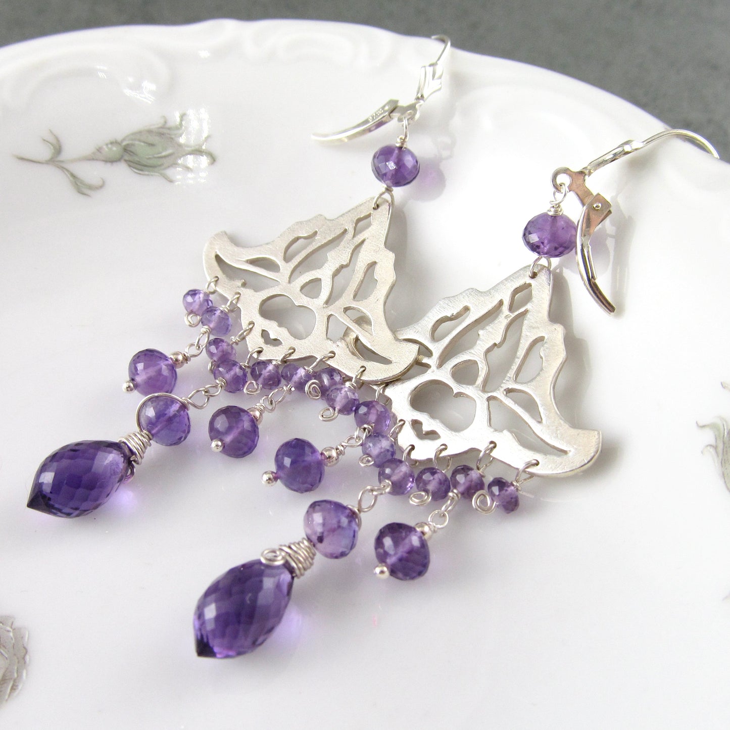 Amethyst chandelier earrings, handmade recycled sterling silver earrings-OOAK February birthstone jewelry