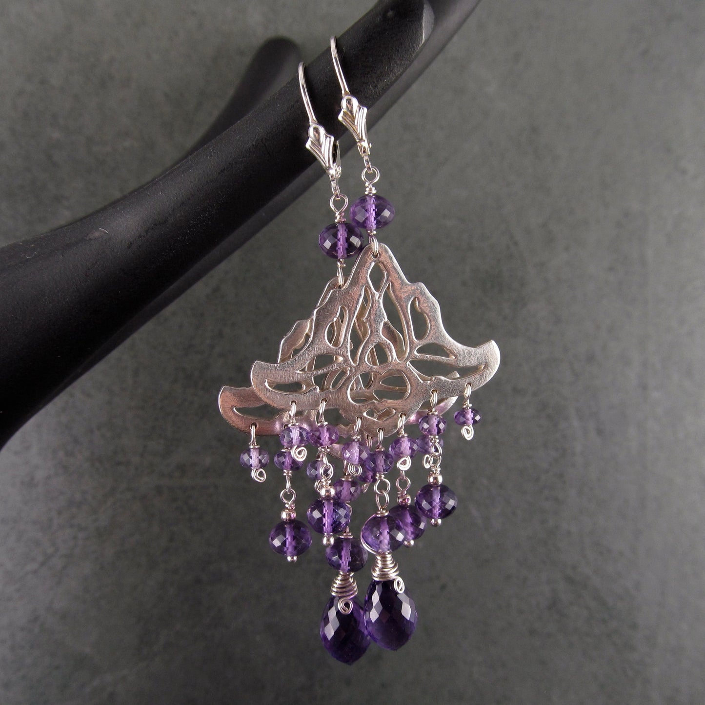 Amethyst chandelier earrings, handmade recycled sterling silver earrings-OOAK February birthstone jewelry