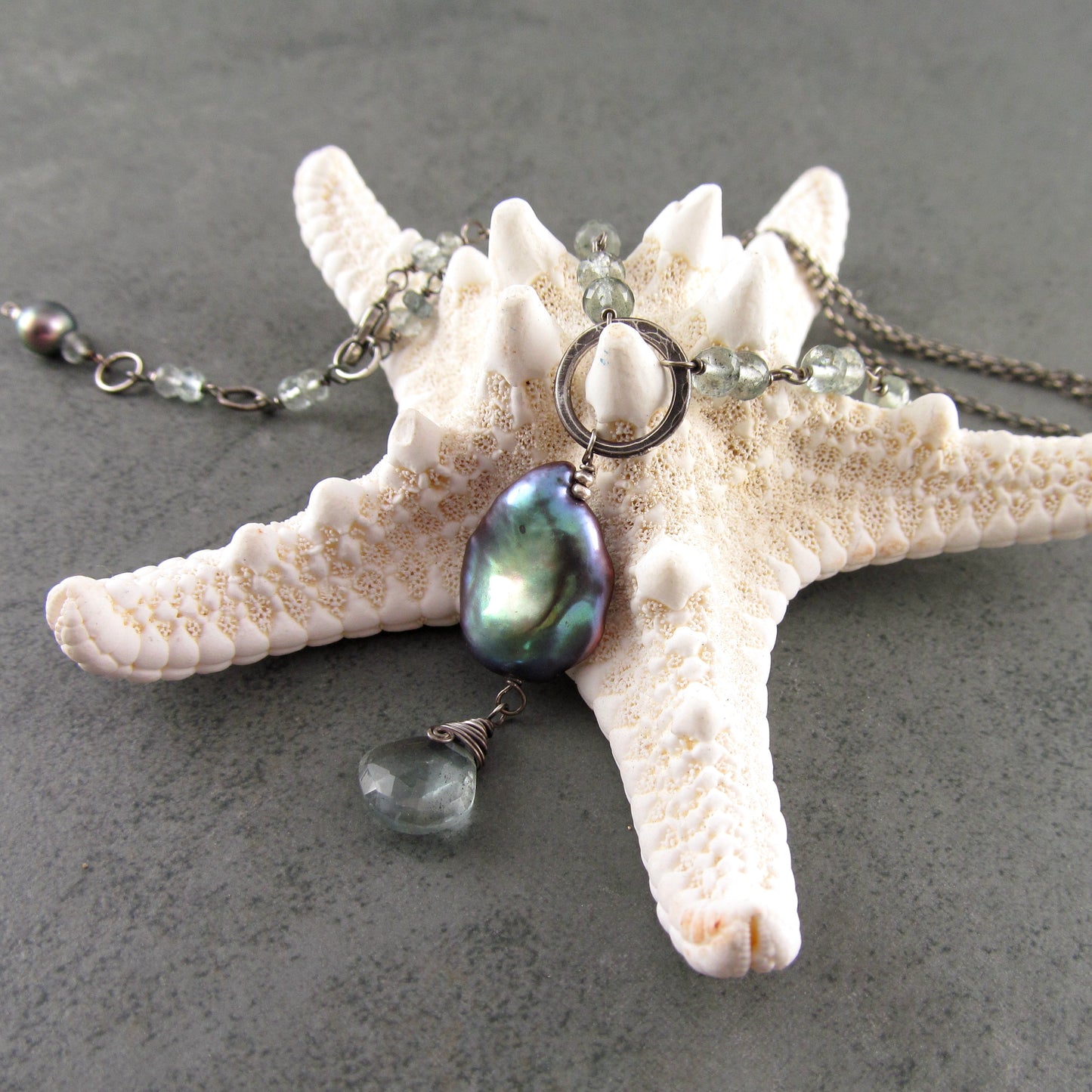 Moss aquamarine necklace, handmade sterling silver & pearl necklace-OOAK