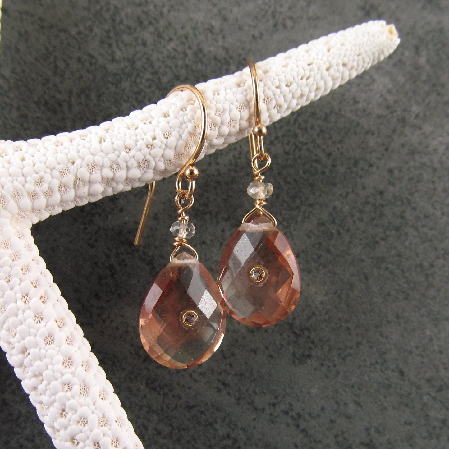 Oregon sunstone earrings, handmade 14k solid gold, peach schiller sunstone and topaz earrings-OOAK
