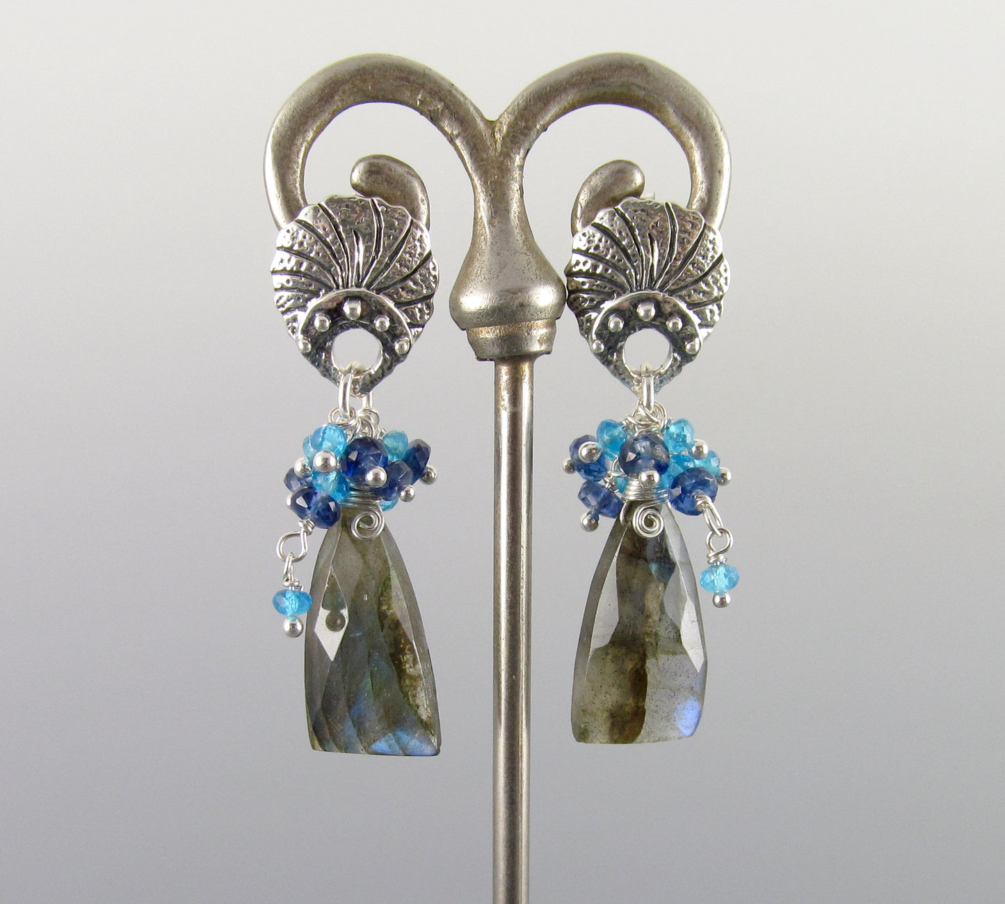 Blue labradorite earrings, handmade sterling silver earrings with apatite and deep blue kyanite-OOAK