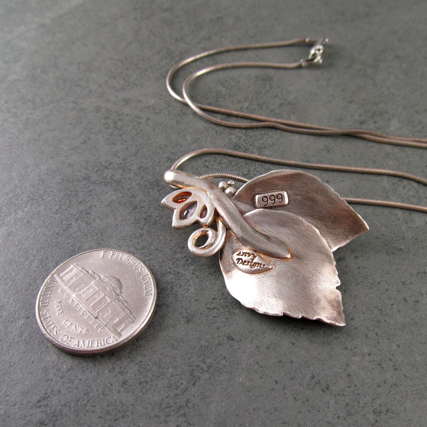 Double leaf pendant, recycled fine silver and Songea sapphire pendant-OOAK Sunset Spring