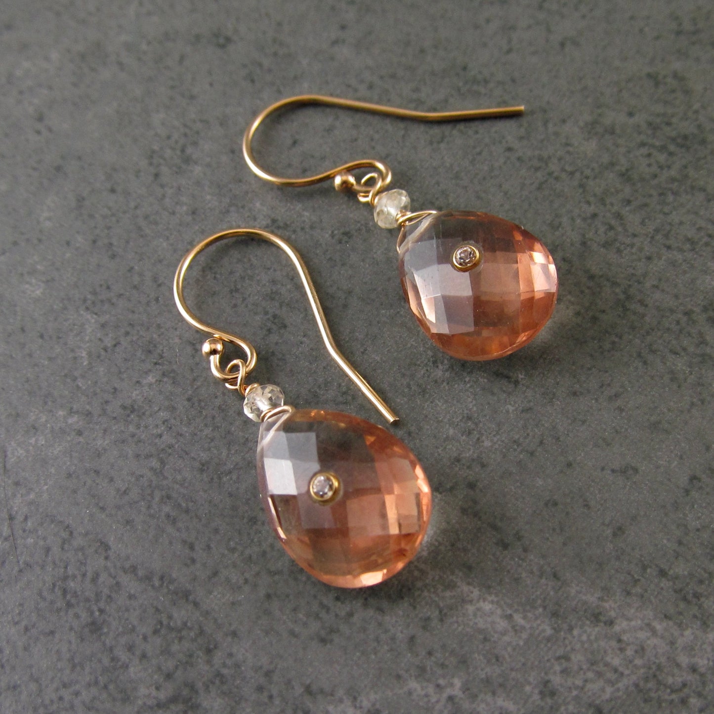 Oregon sunstone earrings, handmade 14k solid gold, peach schiller sunstone and topaz earrings-OOAK