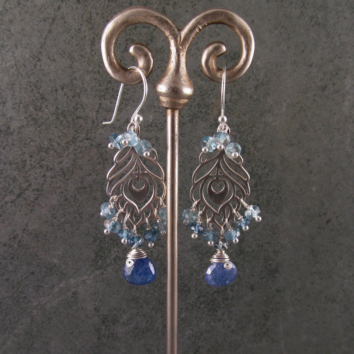 Peacock feather earrings, handmade sterling silver aquamarine and tanzanite chandelier earrings-OOAK